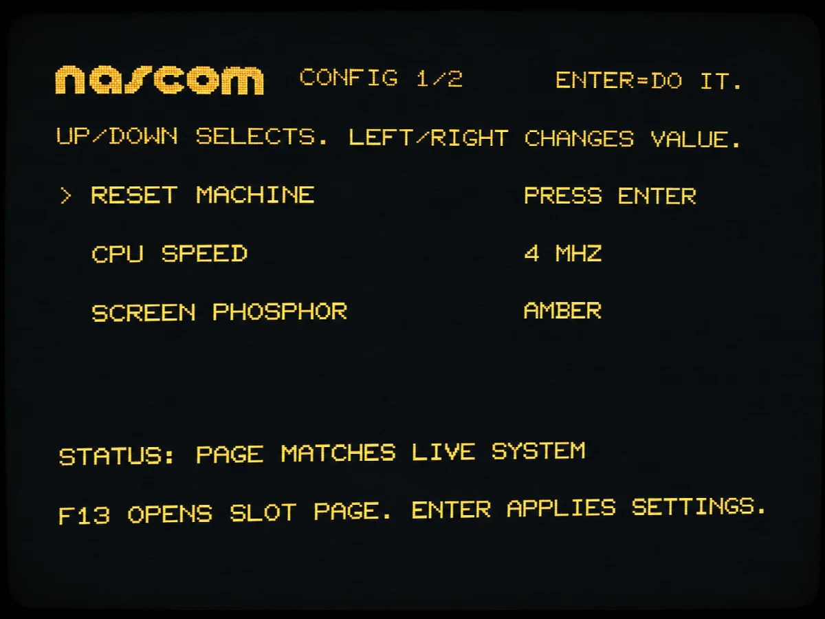 Konfigurationsbildschirm des Nascom-2-Cores